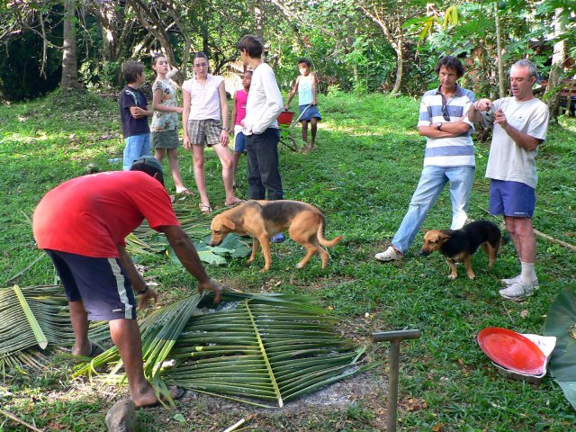 74- Preparation du lovo, une couche de palmes de cocotier 